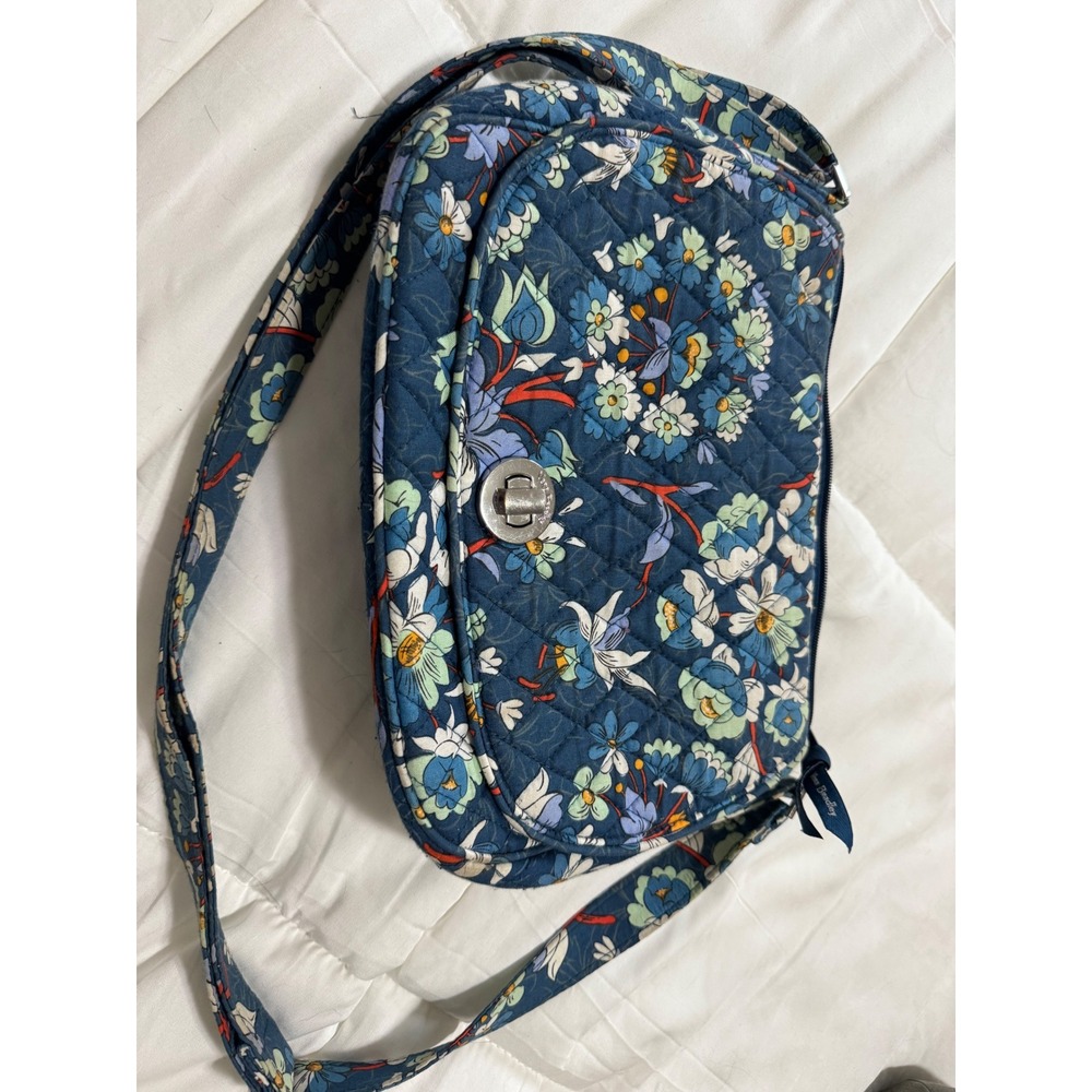 Vera Bradley Blue Floral Quilted Cotton Crossbody Bag Turn Lock Flap Pocket